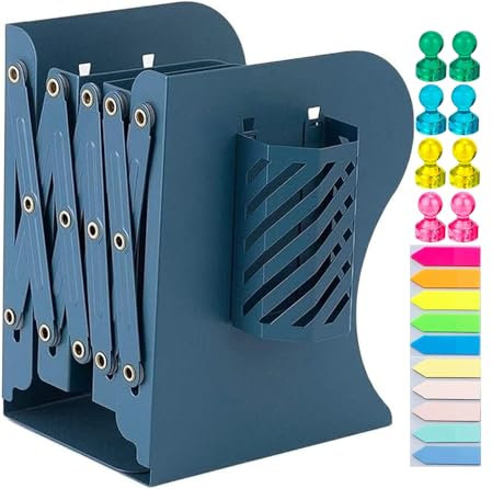 Réglables Serre Livre, Rangement Livre Bloc Livre avec Porte-Stylo Serre-Livres pour étagères Organiseur de Bureau Accessoires pour la Maison, Bureau, l'école, Bibliothèque (Bleu)