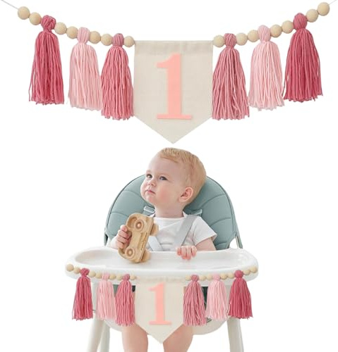 GlamRays Handmade Boho 1st Birthday High Chair Banner Pink Party Decoration for Girls Baby Foam