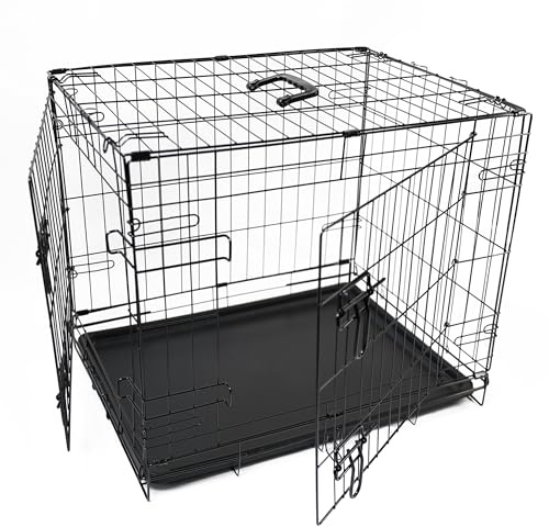 DIVCHI Dog Crate/Cage with Tray – Durable, Foldable Dog Cage with Double Doors | 2 Doors Easy Clean Removable Tray Cats House | Black (76x48x54cm)