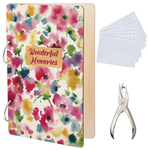 SUPERDANT Wonderful Memories Greeting Card Keeper Set Wooden Watercolor Flowers Card Organizer Suit Albums Binder Postcard Collection with 2-Ring and Punch for Birthday Wedding Gift 24x16cm