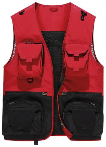 YOUTHUP Fiskeväst för män utomhus sommar verktyg arbete safarivästar flera fickor jakt resor foto Gilet, Röd, XXL