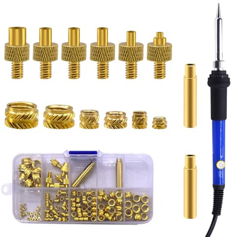 130PCS Threaded Inserts Nut Kit,60W Soldering Iron Heat Set Insert Tool Adjustable Temp Heat Thread Knurled Nut M2/M3/M4/M5/M6/M8 Threaded Inserts Brass Heat Set Insert for Plastic and 3D Printing