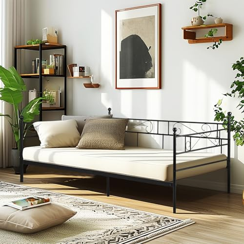 buybyroom 90 x 190cm Day Bed Frame, Single Bed with Headboard and Slatted Frame Single Bed Sofa Bed for Bedroom Living Room Guest Room, Black-Style 2