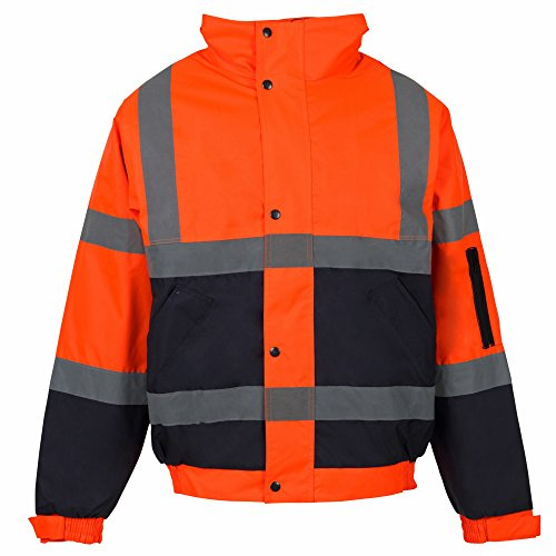 Hi Vis Bomber Jacket Men Waterproof Padded Safety Workwear Coat Winter Reflective Security Visibility PPE Work Zip Up Contractor Warm Windproof Hi Viz Work Jacket Orange Navy L