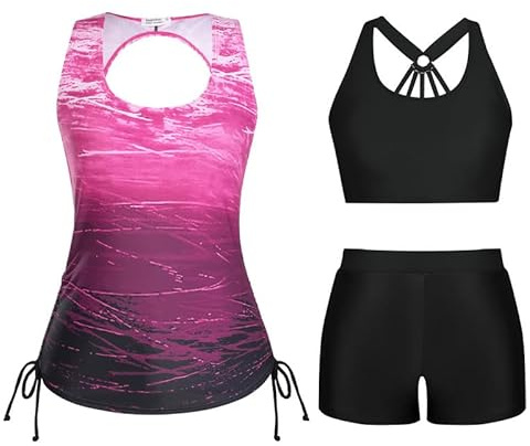 JASAMBAC Plus Size Swimwear for Women Tankini Swimming Costume 3 Piece Modest Swimsuit Bikini Top with High-Waisted Swim Shorts Tummy Control Swimsuits Bathing Suits Drawstring Beachwear