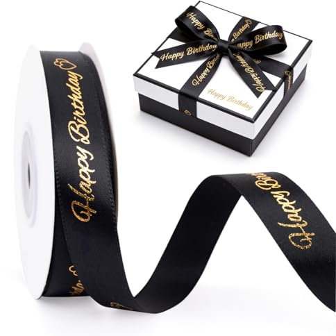 G2PLUS Nastro in Raso 15 mm Nero: nastro regalo con Stampa “Happy Birthday” in Oro 22 m –| Decorazioni Regalo Compleanno, Matrimoni,Party, Pacchi, Fai da Te