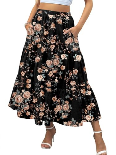 Zeagoo Women's Skirts Elegant Long Maxi Skirt with Pockets Floral Black L