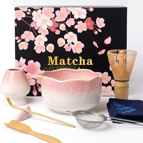 Dazhtu 8 pezzi Matcha Kit, Matcha Set design a fiori di ciliegiocon Frusta Matcha, Ciotola, Cucchiaio, Filtro, Supporto, Kit Matcha completo, Elegante Set per Amanti del Matcha(Rosa Sfumato)