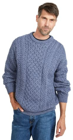 Aran Woollen Mills Men's Irish Traditional Wool Pullover Sweater (Medium, Denim)
