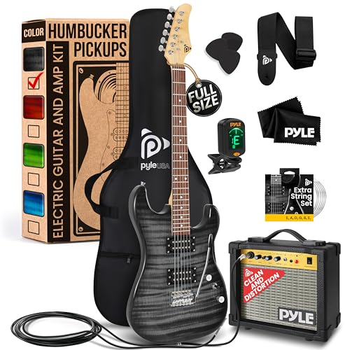 Pyle E Gitarre Set – Electric Guitar Set mit Verstärker 10 Watt – Gitarre 4/4 aus Holz Massiv für Kinder & Erwachsene inkl. Tasche, Kabel, Stimmgerät, Ersatzsaiten, Schultergurt & Plektren – Schwarz