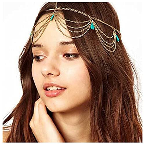 Yheakne Boho Turquoise Bandeau Or Layered Tassel Head Chain Gypsy Hair Chain Festival Coiffes De Mariage Coiffe Décorative Accessoires De Cheveux pour Femmes et Adolescentes Cadeaux