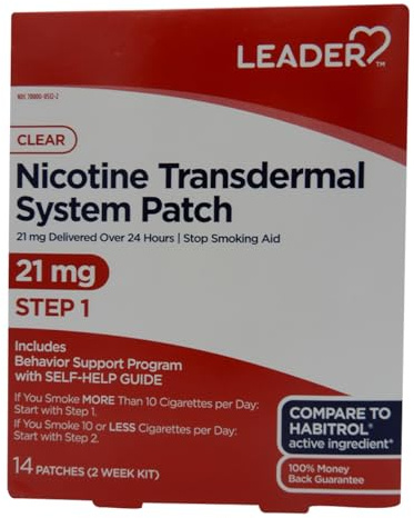 LEADER Nicotine Transdermal System Patch, Stop Smoking Aid, for Smokers of More Than 10 Cigarettes per Day, Nicotine 21 mg, Clear, Step 1