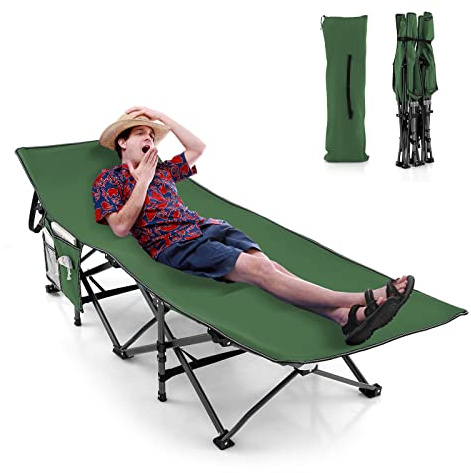 GYMAX Lit de Camp Pliable 1 Personnes, Charge 160kg, Lit de Couchage Robuste avec Pochette 3-en-1, Sac de Transport, Lit de Tente pour Camping, Voyage, Randonnée (Vert)