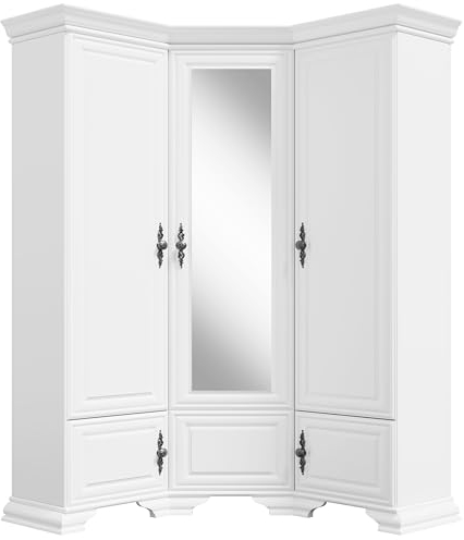 Furni masters Kleiderschrank Eck Weiss, Ecke Kleiderschränke 137 x 225, 5 Türen, Großer Spiegel, Schiene für Kleiderbügel, Kleidung Schrank, Eckkleiderschrank Schlafzimmer, Eckschrank Eckgarderobe