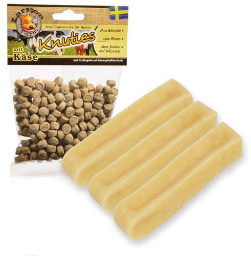 Larsson | 3er Set - Yaky Kaukäse - Hundekaustange | M | je 50-80g | 3 Stück + Gratisbeilage 1 x KNUTIES - Kartoffel-KÄSE 150g