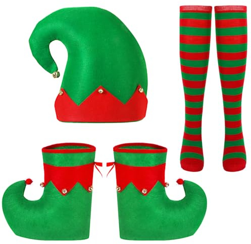 Hifot Costume Lutin Homme Femme,Chaussure Lutin Chaussettes Bonnet Lutin Deguisement pere Noel Adulte Costume pere Noel Accessoires Noel Lutin Cosplay
