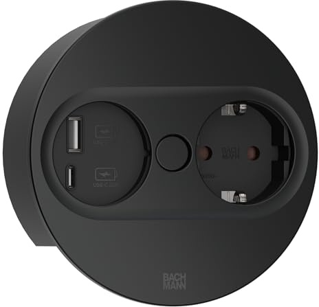 BACHMANN inbyggt uttag Twist 2 rund 1 x uttag med USB A och USB C 2 m kabel bordsuttag för kök och kontor svart 946.104 (med automatisk öppning och anti-fingeravtryck beläggning)