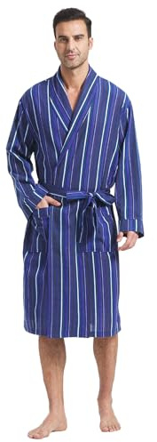 FashGudim Mens Dressing Gowns Lightweight Buffalo Plaid Cotton Robe Shawl Collar Summer Kimono Bathrobe (Blue Stripe, L/XL)