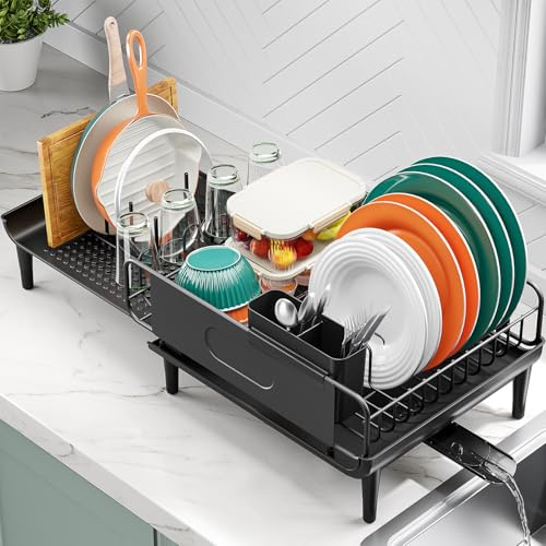 Large Extendable Dish Drying Rack, 16.93 to 26.57 Expandable Dish Rack for Kithen Counter, with Multifunctional Drainboard, Fits Any Sink, Heavy-Duty Steel Plate Drainer for Countertop Organization