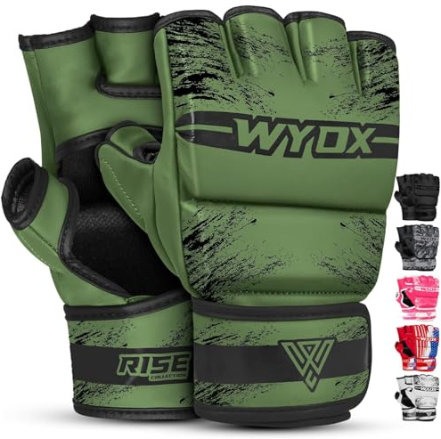 WYOX MMA Gloves Grappling Sparring, Boxing Gloves Men Women Muay Thai Martial Arts Training, Half Finger Adjustable Mitts Wrist Support Kickboxing Gloves (Army Green, S/M (15-21 cm))