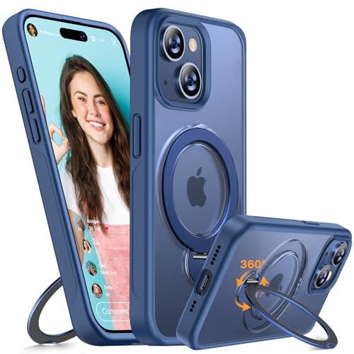 Miracase for iPhone 15 Case: 360° Spin Magnetic Stand Case with MagSafe, Military Grade Drop Protection, 6.1 Inch Matte Protective Cases for iPhone 15 Cover with Ring Holder (Blue)
