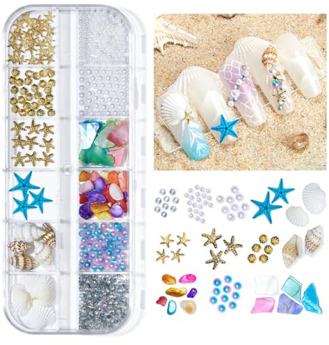 KARLOR Set di ciondoli per unghie, 3D, conchiglie, perle, stile oceano estivo, per nail art, decorazione per unghie in acrilico (12G-625)