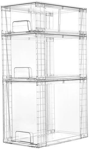 Vtopmart Paquete de 3 cajones de almacenamiento apilables transparentes, organizadores de baño fáciles de montar y almacenamiento con asas, cajones de almacenamiento de plástico para despensa de