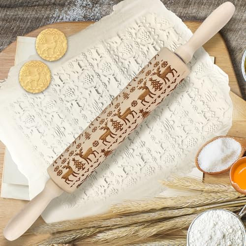 Embossed Wooden Rolling Pin, 3D Engraved Snowflake Elk Laser Engraved DIY Tool for Kids and Adults to Make Cookie Dough Crusts Pies Pastry