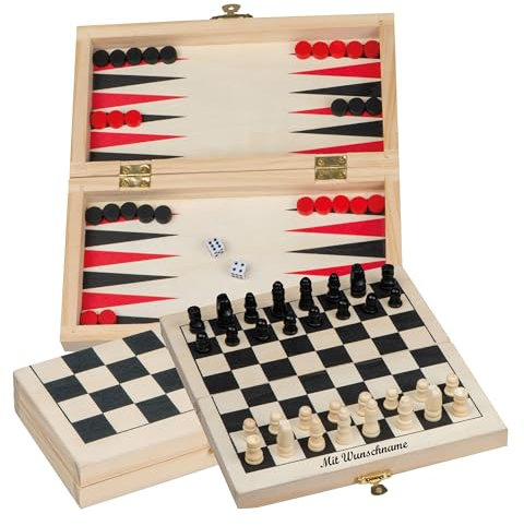 Reisespielset aus Holz mit Backgammon - Schach - Dame Spiel mit Namensgravur