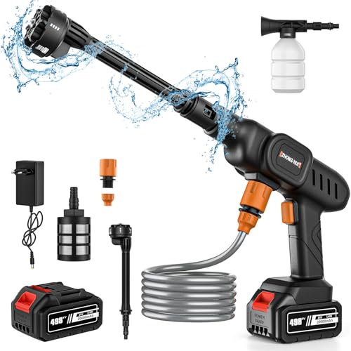 Hochdruckreiniger mit Akku, 20000mAh, 50 bar, kabelloser Hochdruckreiniger, tragbar, mit 6-in-1 Düse und 5m Schlauch, für Bewässerung & Reinigung des Autos (1 x 20000 mAh Akku)