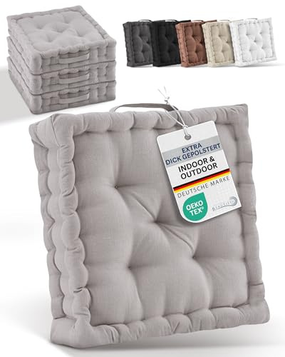 Beautissu 4er Set Bodenkissen Sitzkissen 40x40 cm - Dickes Matratzenkissen 8cm - 100% Baumwolle Stuhlkissen Indoor & Outdoor Sitzkissen Boden Tragegriff extra Dicke Sitzauflagen Taupe - Mila
