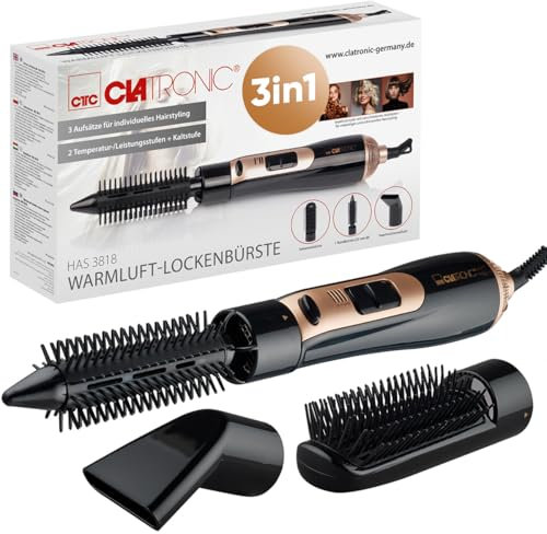 Clatronic® Warmluftbürste 3 Aufsätze | für alle Haarlängen | Föhnbürste mit Kaltstufe für Style-Fix | 2 Stufen | Rundbürstenföhn Hairstyler | 360° Kabel | Warmluftbürste für kurze Haare | HAS 3818
