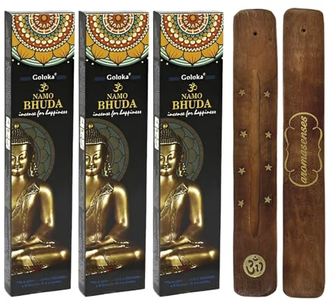 Aromasenses | 3-pack Goloka The Buddha rökelse + 1 gåva aromsenses rökelsebrännare | 100 % naturlig | 15 g x 3-pack = 45 g | avslappning | meditation | energirengöring