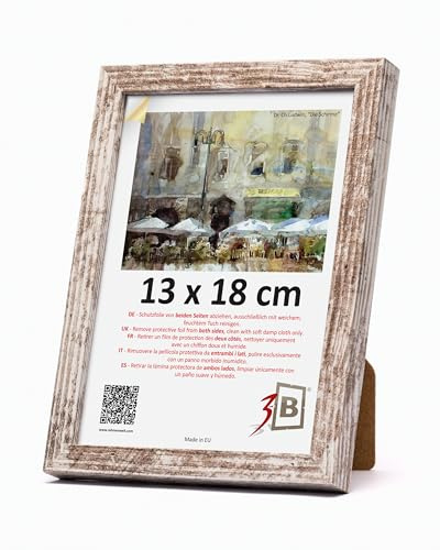 3-B MEGA Marco de fotos - Blanco vintage (rústico con veta de madera visible) - 13 x 18 cm, marco de madera, marco para retratos con vidrio acrílico