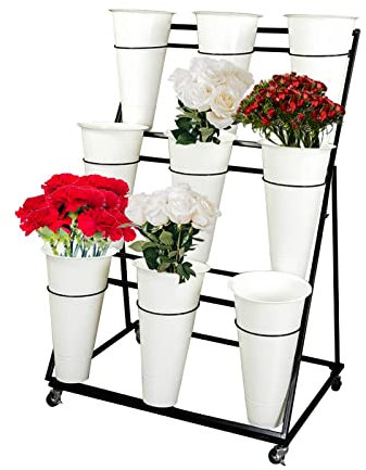 Supporto per Piante a 3 Livelli con Ruote e 9 secchi Bianchi, Carrello portafiori Portatile per Uso Interno/Esterno, Perfetto per Giardino, Patio e fioristi - scaffale Mobile per Esposizione