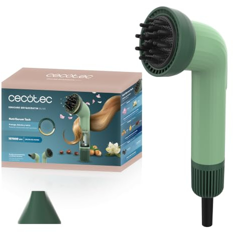 Cecotec IoniCare Dry & Keratin hårtork, oliv, 1 200 W, 1 7 000 varv/min, borstlös motor, jonfunktion, huvud med NutriSerumteknik och hårda tänder, koncentrerande huvud, grön