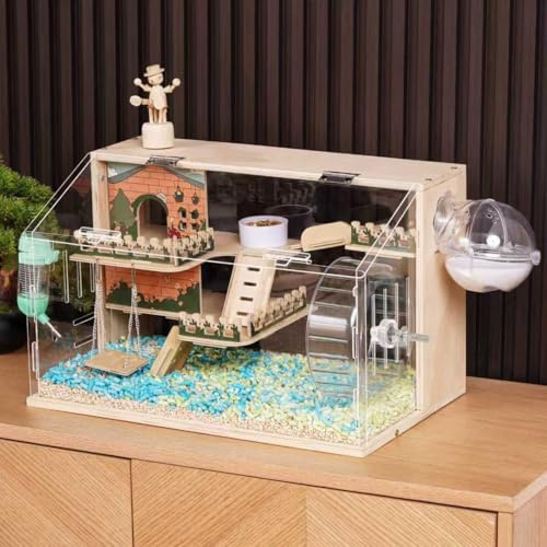 11 in 1 Wooden Hamster Cage with All Accessories, 19.3 3-Layer Dwarf Hamster Cage Acrylic,Small Animal Cages, Pastoral Style Mouse Cage for Mice, Hedgehog and Small Pets, with Stairs, Fences, Swing