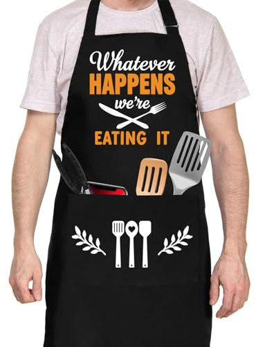 Funny Cooking Grilling BBQ Aprons for Men, Adjustable Chef Kitchen Apron with 2 Pockets, Birthday, Christmas Father Day Gifts for Husband, Dad, Chef, Boyfriend(Whatever Happens We're Eating It)