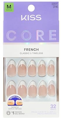Kiss Core, Press On Nails, Nail glue included, 'Curiosity', White, Medium Size, Almond Shape, Includes 32 Nails, 2g Glue, 1 Manicure Stick, 1 Mini File