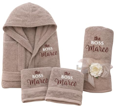 D&Vlab Kit Set 4 pz Accappatoio e 2 Asciugamani viso e bidet + Telo Doccia Grande Personalizzati con Nome Ricamati - in morbida spugna di cotone - Idea regalo per Uomo Donna Lui e Lei BOSSES (Per Lui)