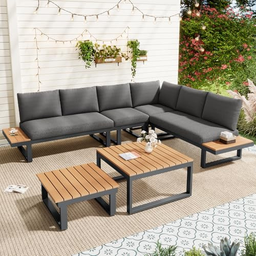 NuvlaGu Juego de muebles de jardín, sofá esquinero, respaldo ajustable de 5 niveles a 55°, estructura de acero galvanizado, mesa de madera de plástico, color gris y negro, incluye 2 mesas de café