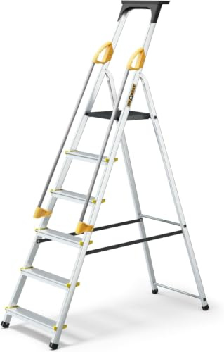 DRABEST Ladder PRO-serien Aluminiumstege 6 steg hopfällbar stege med säkerhetsräcken Hushållsstege Lastbar upp till 150 kg