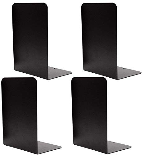 4 Pieces Heavy Duty Black Decorative Metal Bookends, VONDERSO Metal Book Ends Support for Shelves Divider Stopper Holder with Non-Slip Rubber Pad for Decor, Home, Office, Library, School, Gift