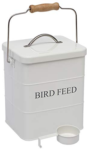 Geyecete - Contenitore per semi di uccelli,Mangiatoia per uccelli, con manico e pala,Metallo contenitore ermetico per alimenti, per alimenti per uccelli-Capacità 3 kg-Bianco