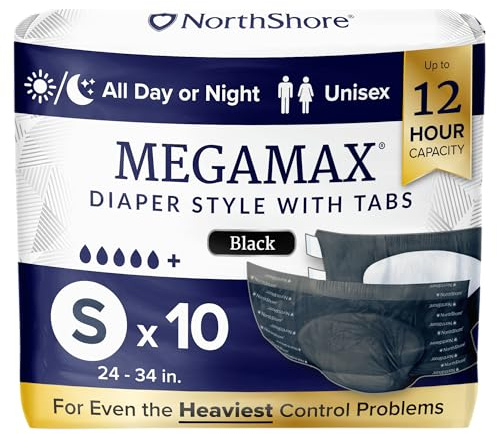NorthShore MegaMax - Pañales nocturnos para adultos, estilo tabulación de 12 horas, pequeño, bolsa de 10 unidades, negro, 24-34 pulgadas, ropa interior unisex para incontinencia