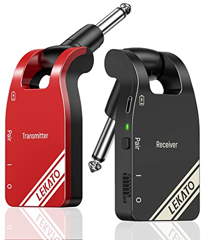 LEKATO 2.4GHz Aufgerüstet Wireless Gitarrensystem E Gitarren Sender mit Kabellos Gitarre Transmitter Receiver für Gitarren Sender und Empfänger E Gitarre Bass Sender (Rot++Schwarz)