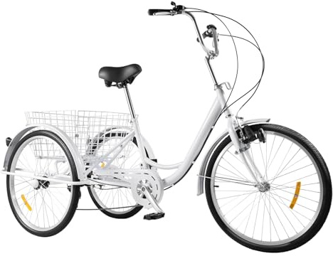 ROGONPDK trehjuling för 26 tum vuxna, 3 hjul 6 växlar cykel vit korg seniorer med dagsgåva för pappa