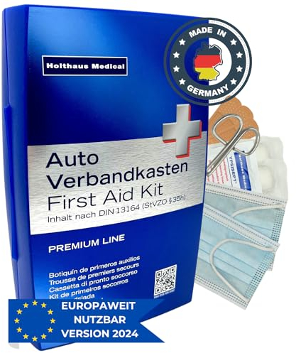 HierBeiDir Cassetta di pronto soccorso Premium per auto – secondo gli standard attuali 2024/2025 DIN 13164:2022 (conforme alle norme locali vigenti) – Borsa di pronto soccorso per tutta Europa – Made