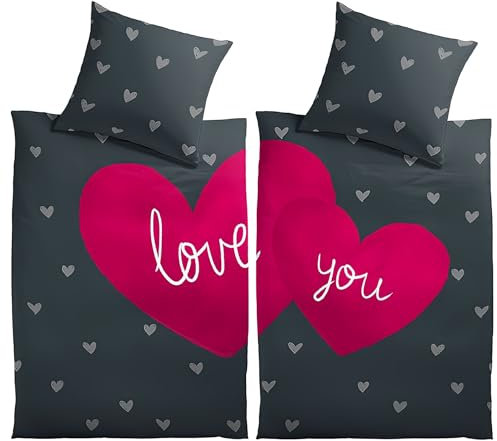 Leonado Vicenti 4-teiliges Bettwäsche Set 135x200 cm Herzen Schwarz Pink Atmungsaktiv Hautfreundlich Premium Partnerbettwäsche mit Reißverschluss