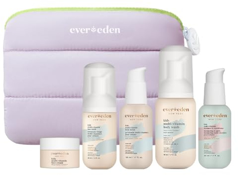 Evereden Kids Travel Essentials Set: Clean & Vegan 5-Piece Skin Care Travel Set for Kids | Body Wash, Lotion, Face Wash, Cream, 2-in-1 Shampoo & Conditioner | TSA-approved | Stocking Stuffers for Kids